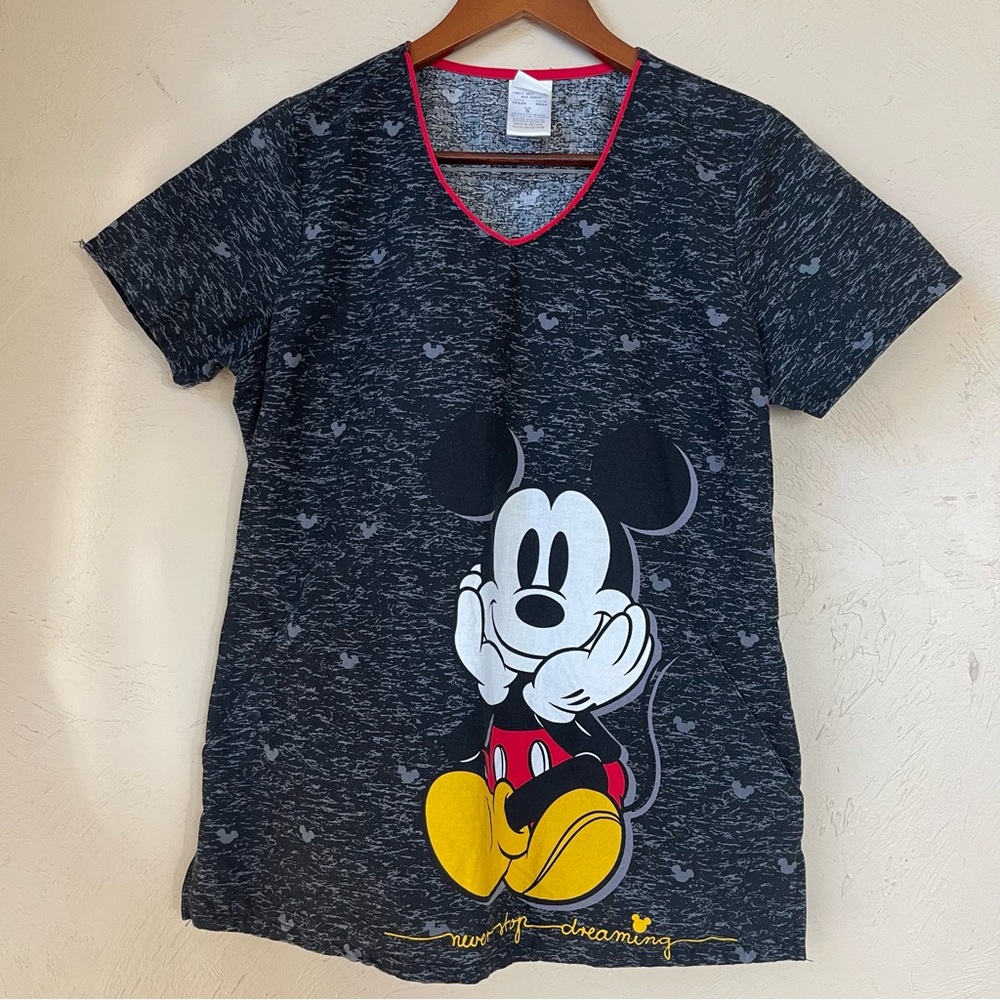Disney Mickey Mouse Top Scrub Womens‎ Small Pockets V-Neck Short Sleeve